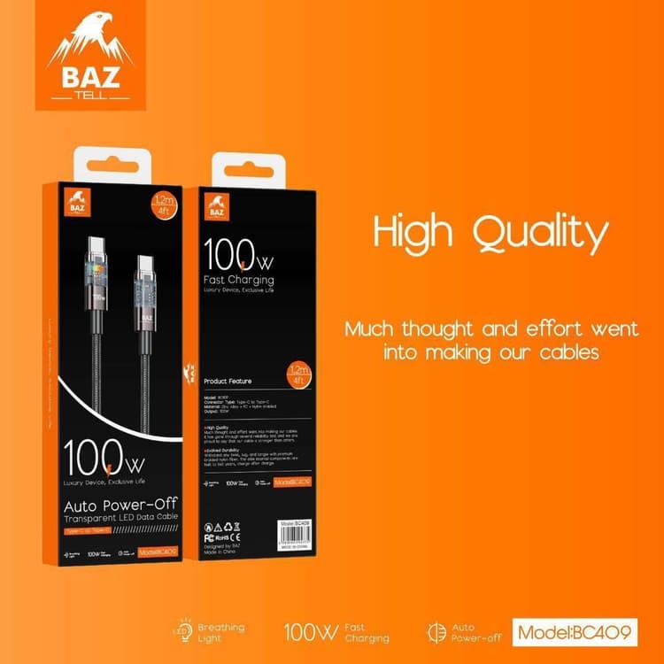 كابل BAZ BC409 يحتوي على خاصية إيقاف الشحن التلقائي (Auto Power-off). 100 واط