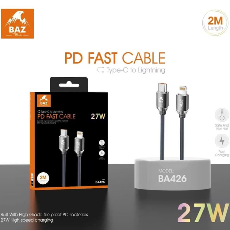 كابل شحن من النوع C إلى Lightning من علامة BAZ TELL، وهو من طراز BA426. هذا الكابل مصمم للشحن السريع بتقنية Power Delivery (PD) بقوة تصل إلى 27 واط، ومناسب لأجهزة آبل التي تستخدم منفذ Lightning.