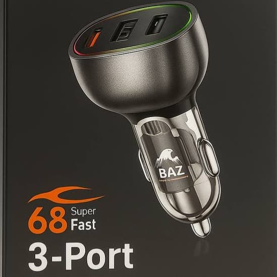 شاحن سيارة BAZ Super 68 Fast 3-Port BK-300 هو شاحن سيارة يبلغ إجمالي قدرته 68 واط ويتميز بوجود ثلاثة منافذ للشحن السريع: منفذ USB-A ومنفذين USB-C.