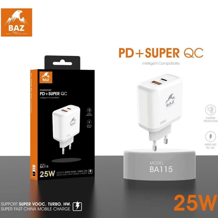 شاحن BAZ Powerport PD+Super QC Intelligent Compatibility BA115. وهو شاحن سريع بقوة 25 واط يدعم بروتوكولات شحن متعددة.